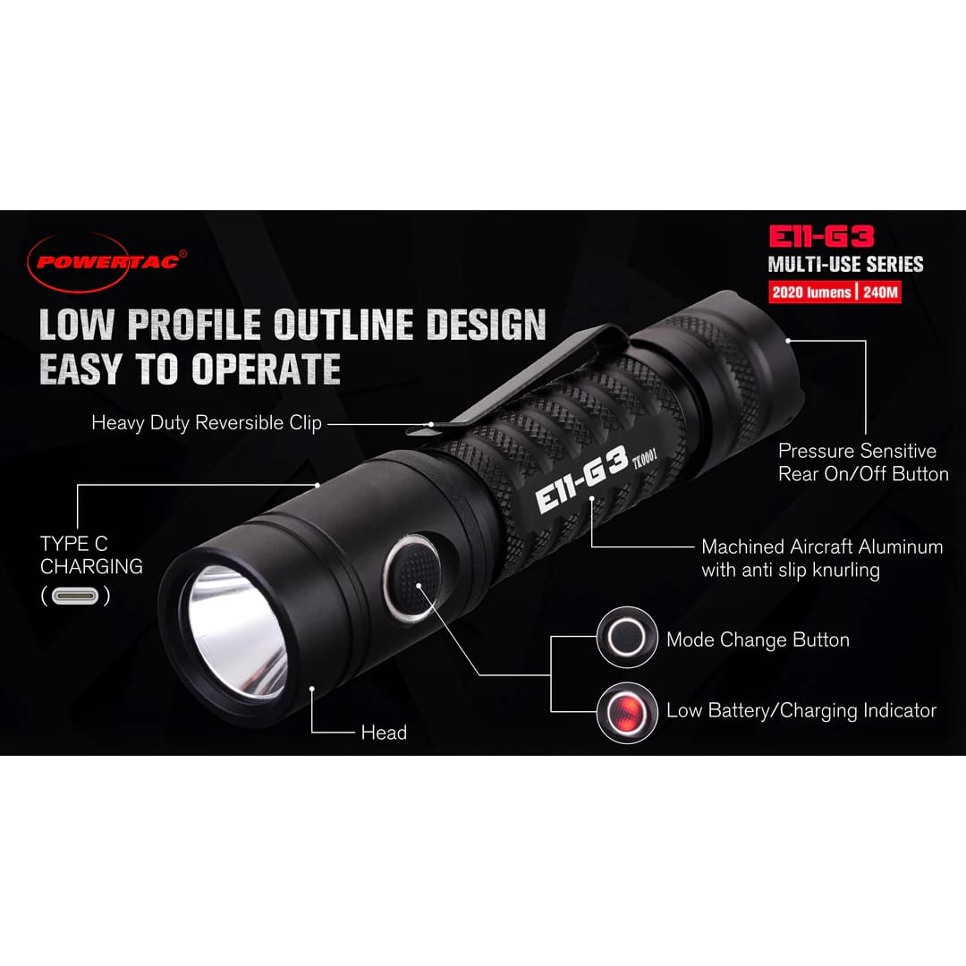 Powertac E11 Gen3 2020 Lumen Rechargeable EDC Flashlight