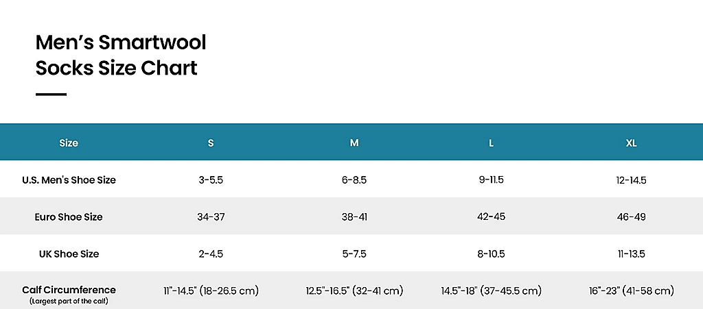 Men's Smartwool Socks Size Chart
