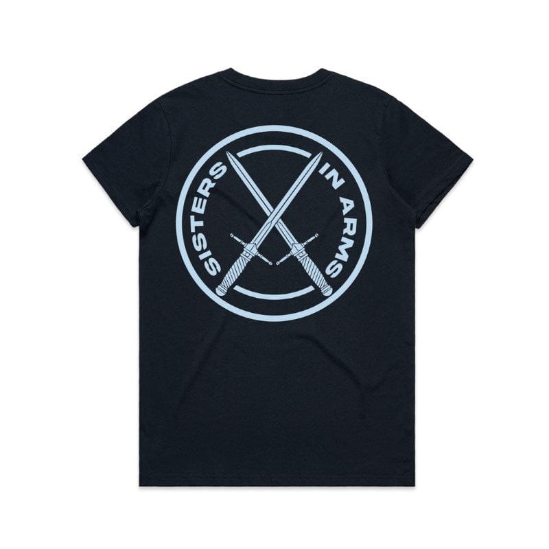 Sisters in Arms Protect Serve Conquer Ladies Tee - Black With Coloured Logo