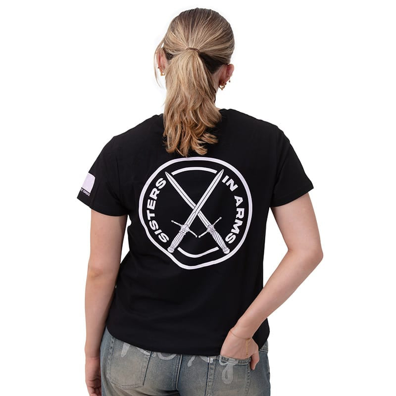 Sisters in Arms Protect Serve Conquer Ladies Tee - Black With Coloured Logo