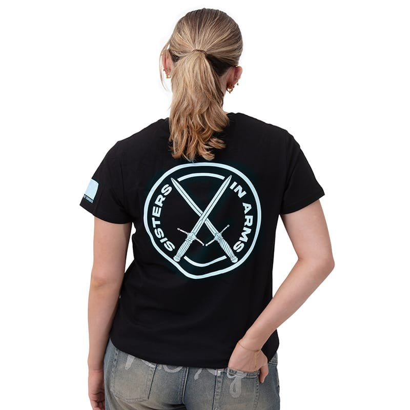Sisters in Arms Protect Serve Conquer Ladies Tee - Black With Coloured Logo