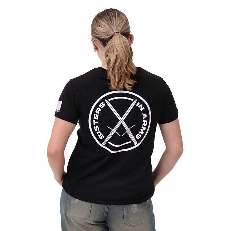 Sisters in Arms Protect Serve Conquer Ladies Tee - Black With Coloured Logo