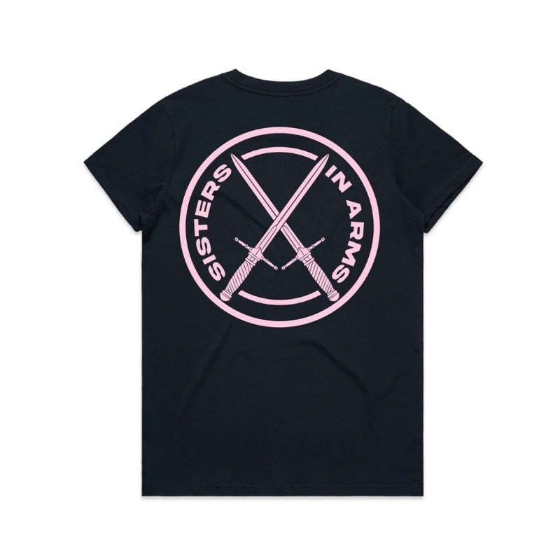 Sisters in Arms Protect Serve Conquer Ladies Tee - Black With Coloured Logo
